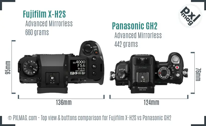 Fujifilm X-H2S vs Panasonic GH2 top view buttons comparison