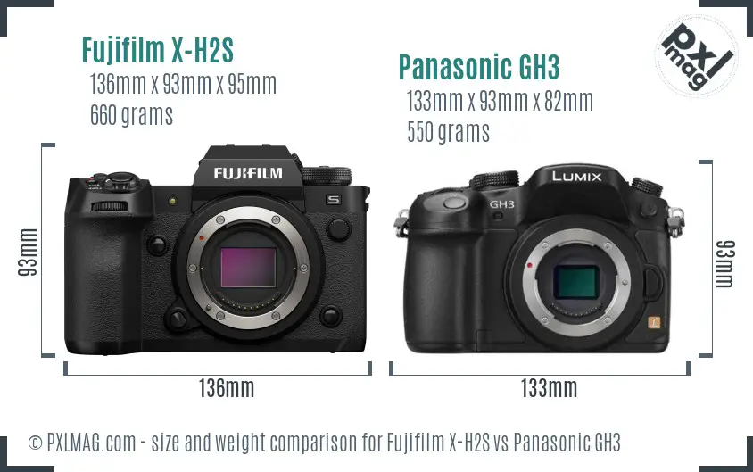 Fujifilm X-H2S vs Panasonic GH3 size comparison