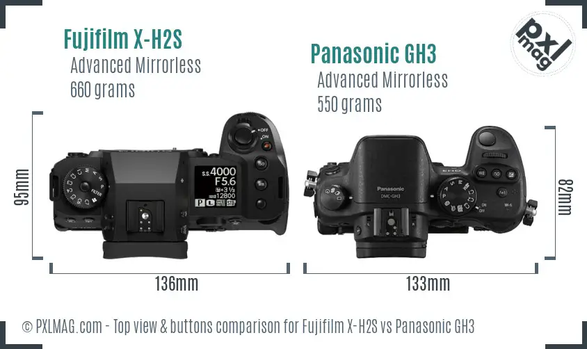 Fujifilm X-H2S vs Panasonic GH3 top view buttons comparison
