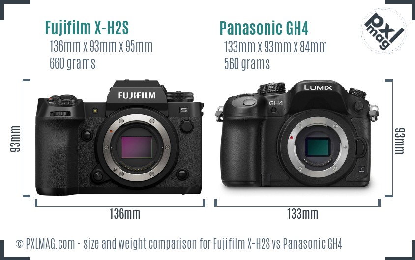 Fujifilm X-H2S vs Panasonic GH4 size comparison