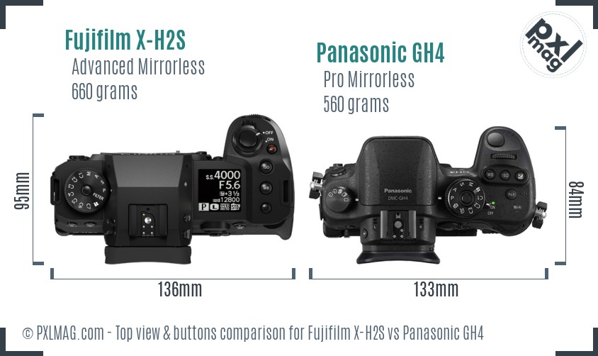 Fujifilm X-H2S vs Panasonic GH4 top view buttons comparison