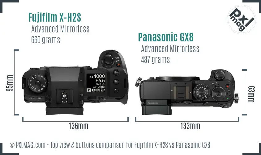 Fujifilm X-H2S vs Panasonic GX8 top view buttons comparison