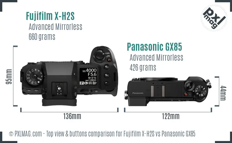 Fujifilm X-H2S vs Panasonic GX85 top view buttons comparison