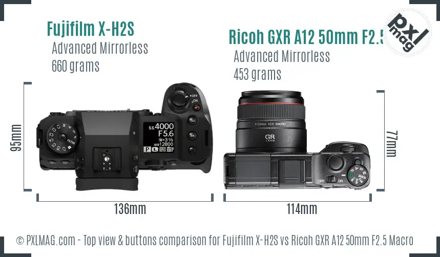 Fujifilm X-H2S vs Ricoh GXR A12 50mm F2.5 Macro top view buttons comparison