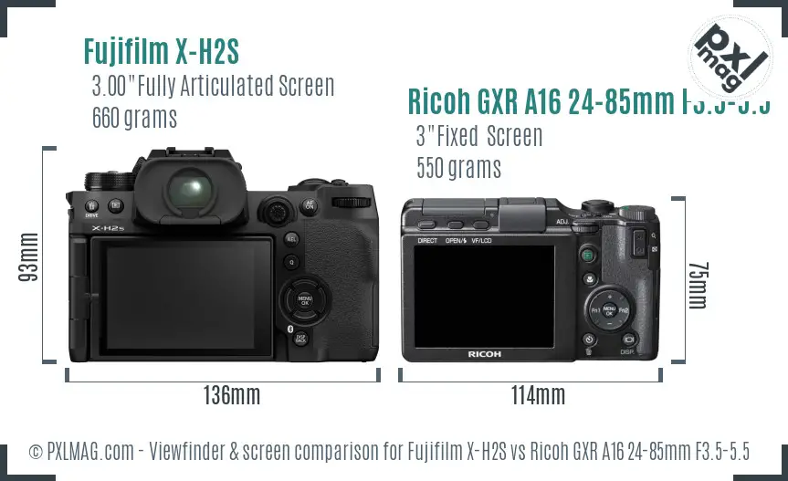 Fujifilm X-H2S vs Ricoh GXR A16 24-85mm F3.5-5.5 Screen and Viewfinder comparison