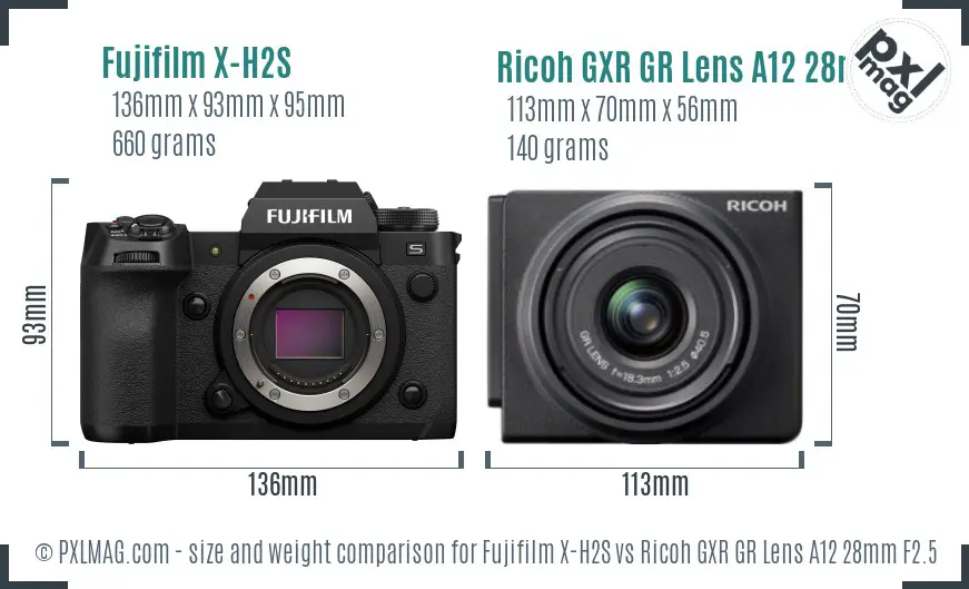 Fujifilm X-H2S vs Ricoh GXR GR Lens A12 28mm F2.5 size comparison