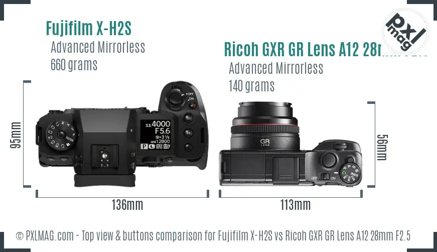 Fujifilm X-H2S vs Ricoh GXR GR Lens A12 28mm F2.5 top view buttons comparison