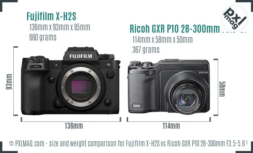 Fujifilm X-H2S vs Ricoh GXR P10 28-300mm F3.5-5.6 VC size comparison