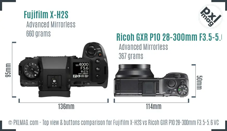 Fujifilm X-H2S vs Ricoh GXR P10 28-300mm F3.5-5.6 VC top view buttons comparison