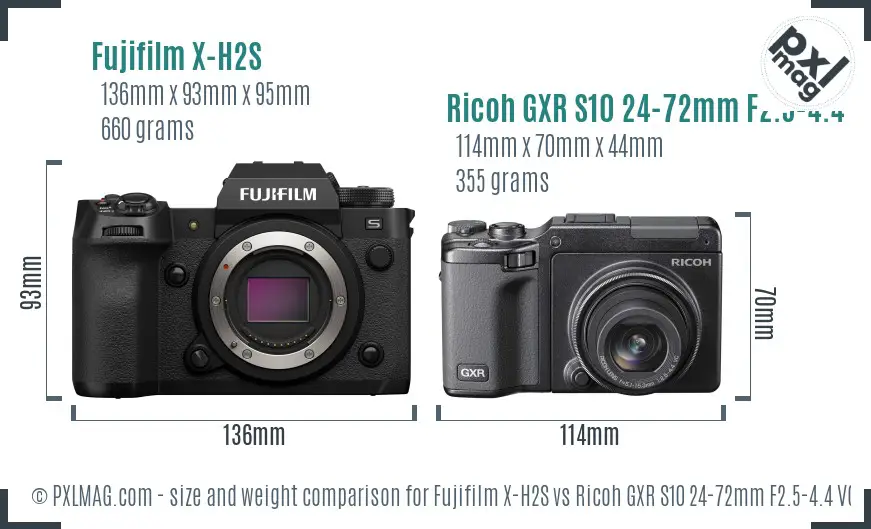 Fujifilm X-H2S vs Ricoh GXR S10 24-72mm F2.5-4.4 VC size comparison