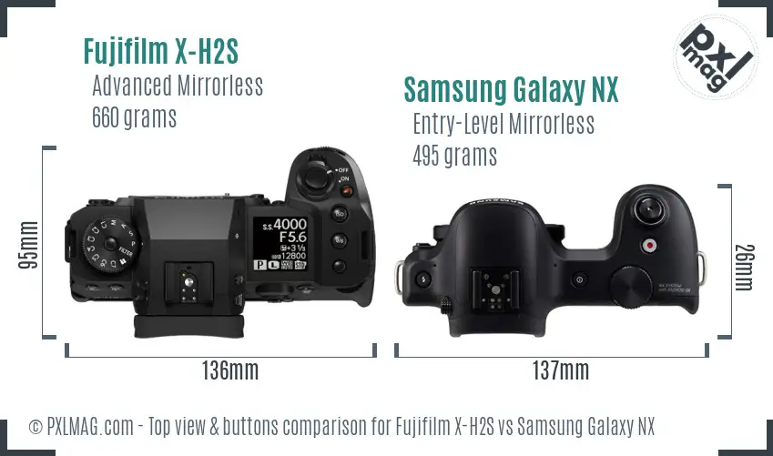 Fujifilm X-H2S vs Samsung Galaxy NX top view buttons comparison