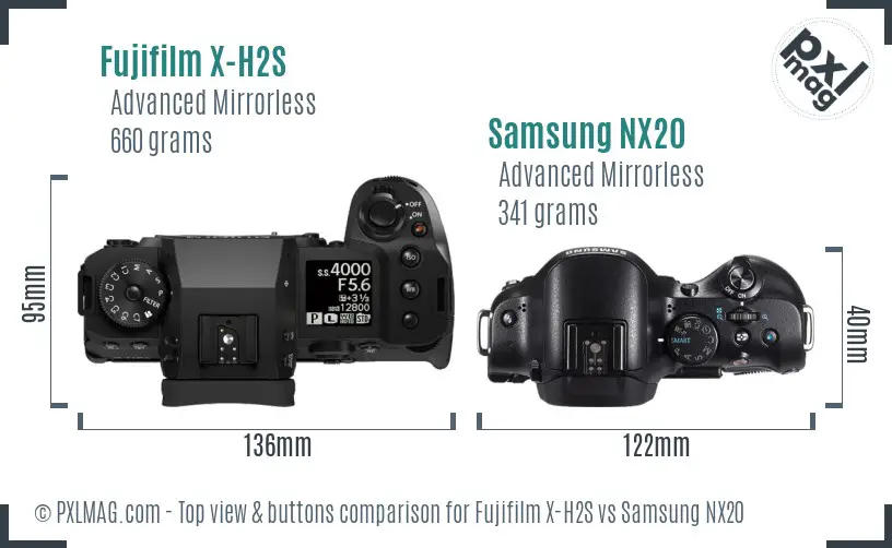 Fujifilm X-H2S vs Samsung NX20 top view buttons comparison