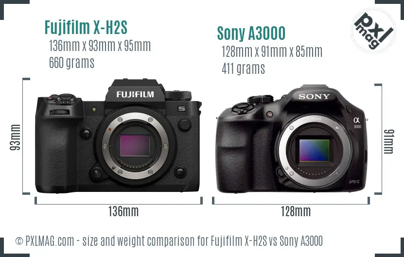 Fujifilm X-H2S vs Sony A3000 size comparison