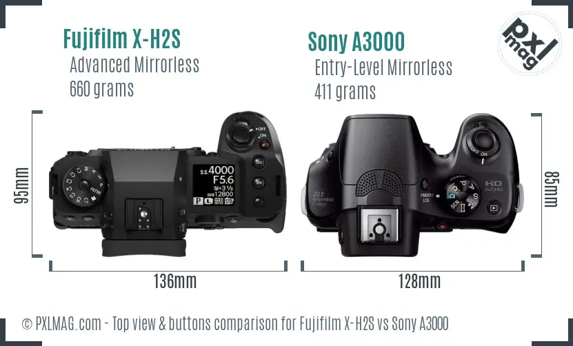 Fujifilm X-H2S vs Sony A3000 top view buttons comparison