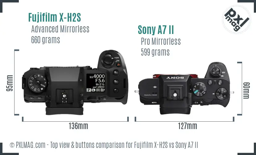 Fujifilm X-H2S vs Sony A7 II top view buttons comparison