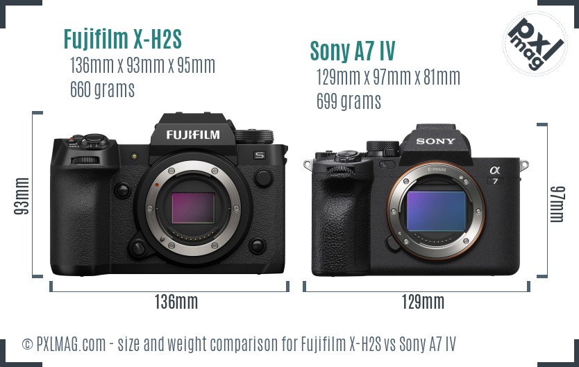 Fujifilm X-H2S vs Sony A7 IV size comparison