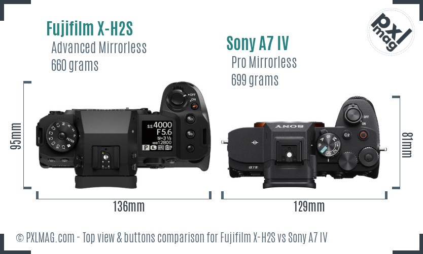 Fujifilm X-H2S vs Sony A7 IV top view buttons comparison