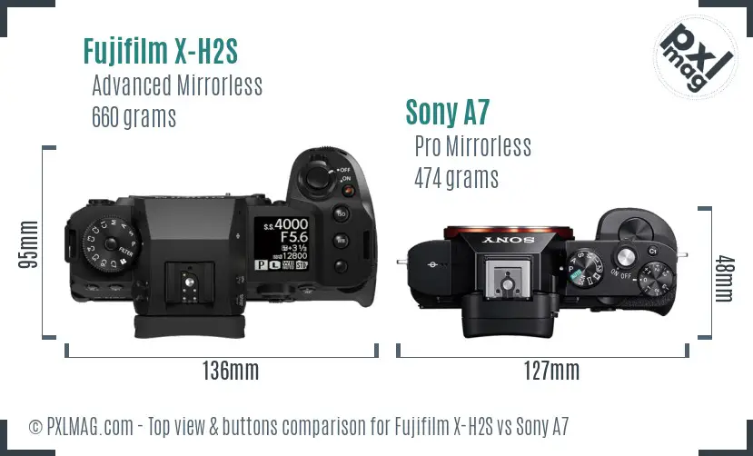 Fujifilm X-H2S vs Sony A7 top view buttons comparison