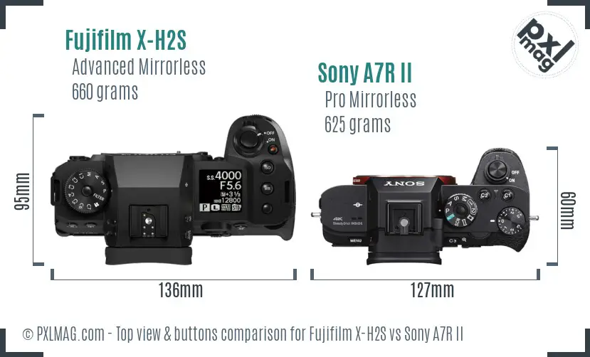 Fujifilm X-H2S vs Sony A7R II top view buttons comparison