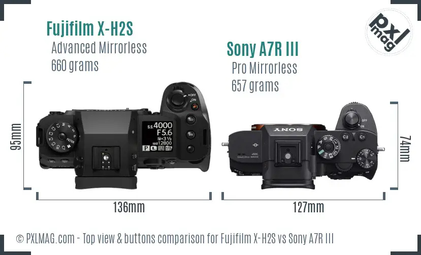 Fujifilm X-H2S vs Sony A7R III top view buttons comparison Fujifilm X-H2S vs Sony A7R III top view buttons comparison