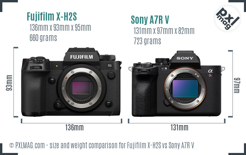 Fujifilm X-H2S vs Sony A7R V size comparison