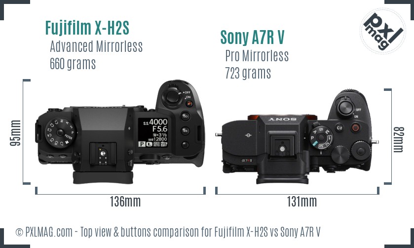 Fujifilm X-H2S vs Sony A7R V top view buttons comparison