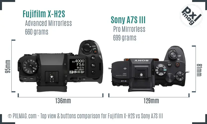 Fujifilm X-H2S vs Sony A7S III top view buttons comparison