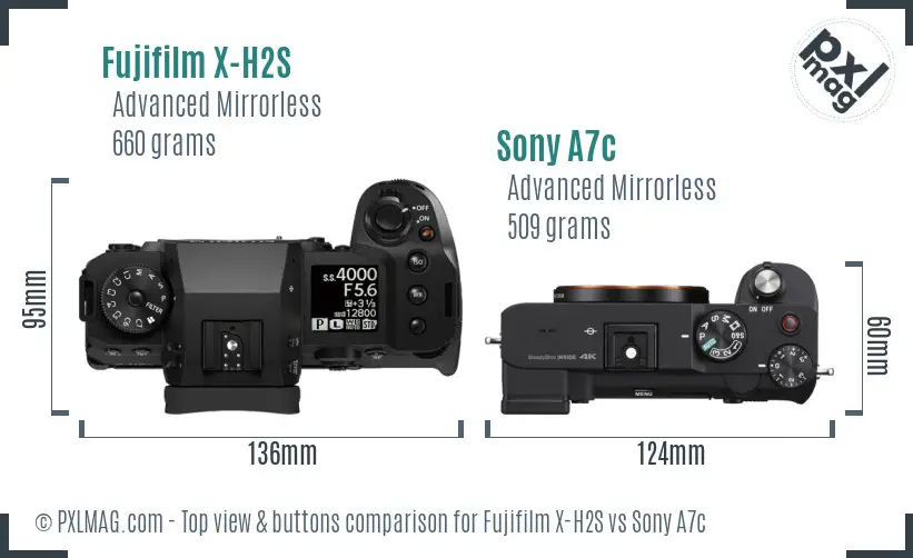 Fujifilm X-H2S vs Sony A7c top view buttons comparison