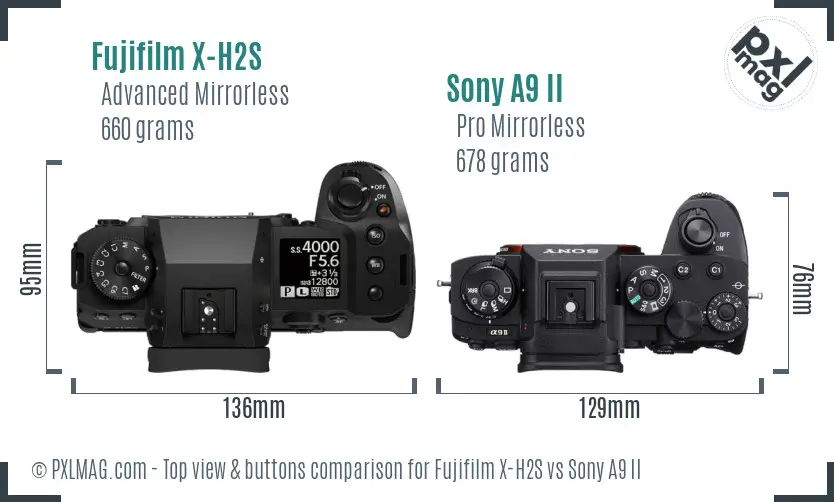 Fujifilm X-H2S vs Sony A9 II top view buttons comparison