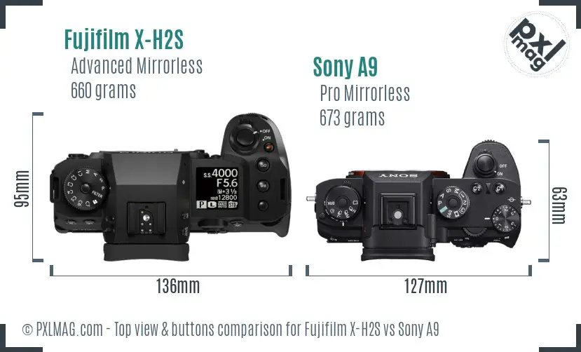 Fujifilm X-H2S vs Sony A9 top view buttons comparison Fujifilm X-H2S vs Sony A9 top view buttons comparison