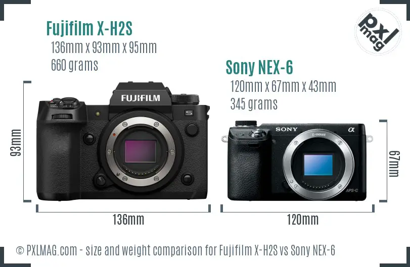 Fujifilm X-H2S vs Sony NEX-6 size comparison