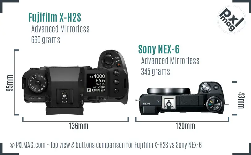 Fujifilm X-H2S vs Sony NEX-6 top view buttons comparison