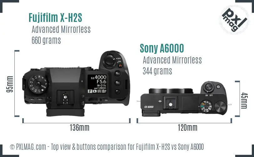 Fujifilm X-H2S vs Sony A6000 top view buttons comparison