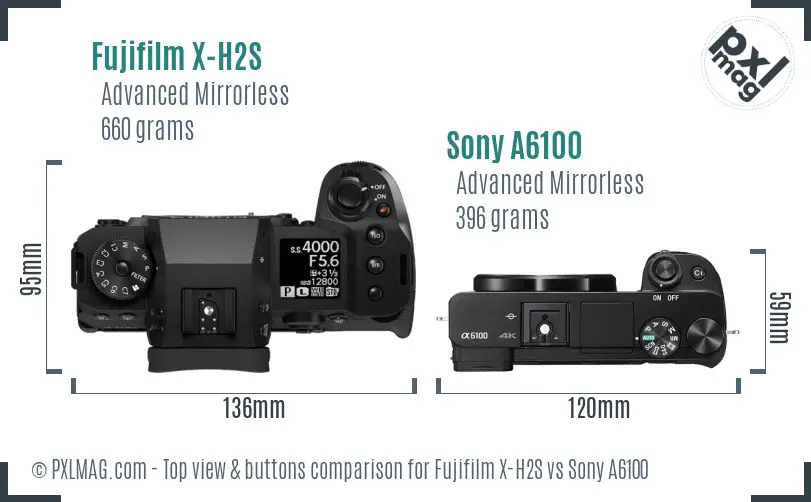Fujifilm X-H2S vs Sony A6100 top view buttons comparison