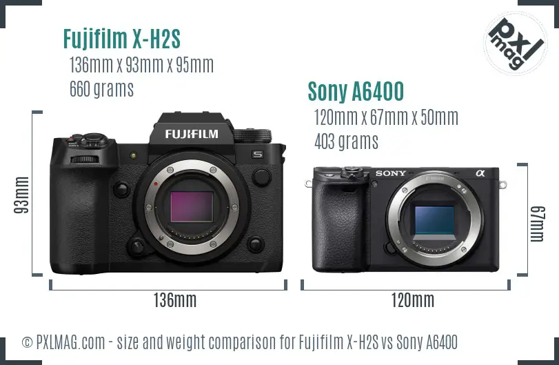 Fujifilm X-H2S vs Sony A6400 size comparison