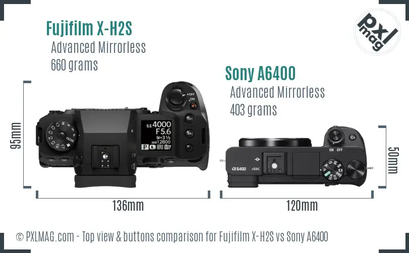 Fujifilm X-H2S vs Sony A6400 top view buttons comparison