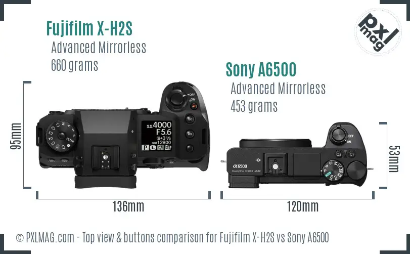 Fujifilm X-H2S vs Sony A6500 top view buttons comparison