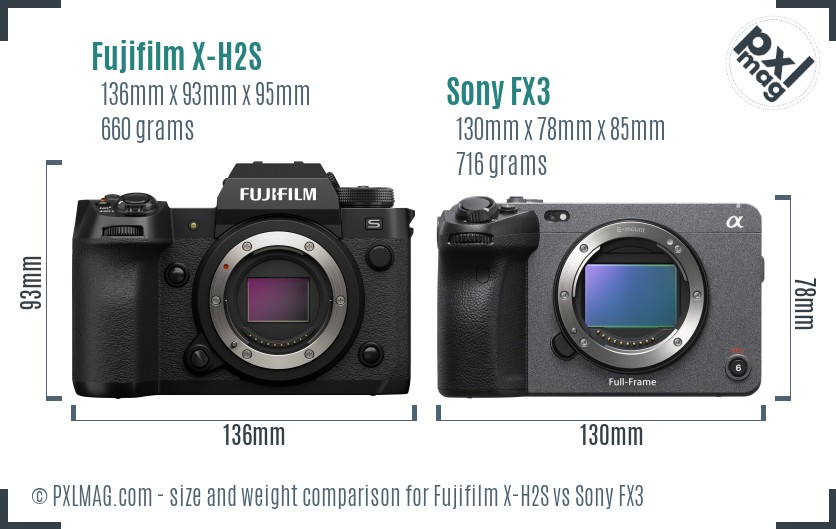 Fujifilm X-H2S vs Sony FX3 size comparison