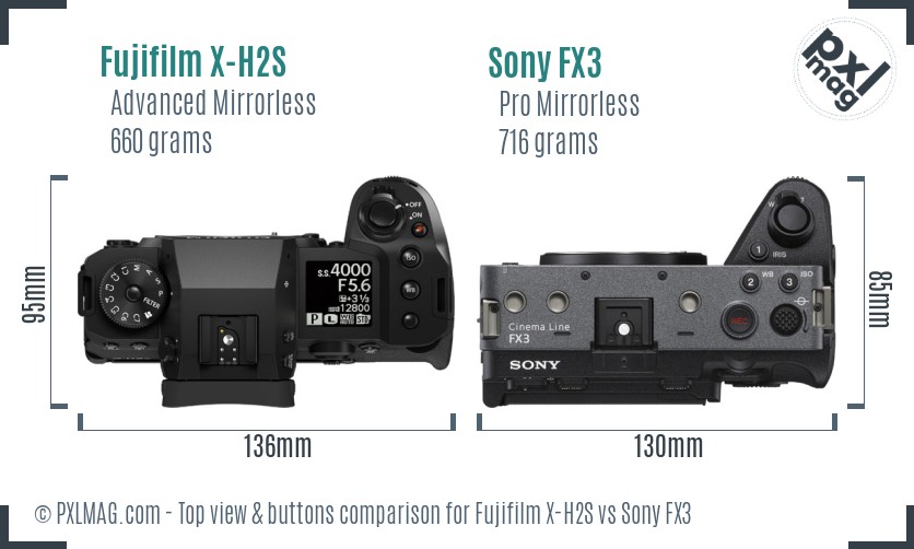 Fujifilm X-H2S vs Sony FX3 top view buttons comparison