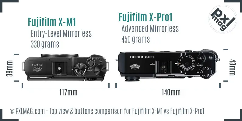 Fujifilm X-M1 vs Fujifilm X-Pro1 top view buttons comparison