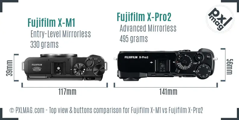 Fujifilm X-M1 vs Fujifilm X-Pro2 top view buttons comparison