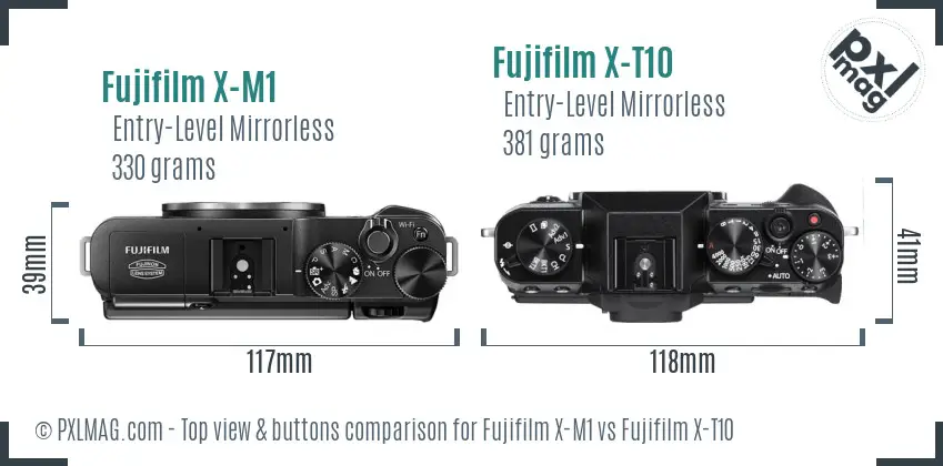 Fujifilm X-M1 vs Fujifilm X-T10 top view buttons comparison