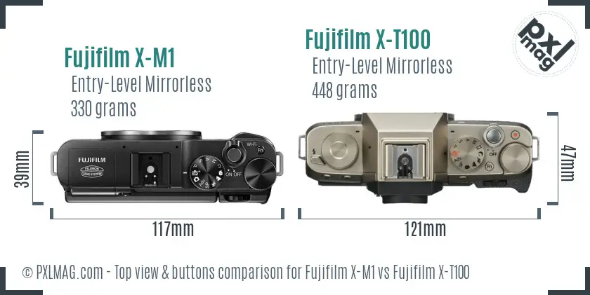 Fujifilm X-M1 vs Fujifilm X-T100 top view buttons comparison