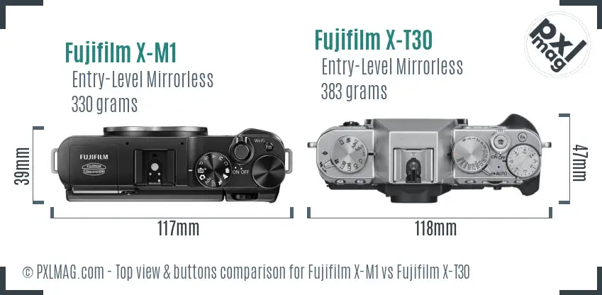Fujifilm X-M1 vs Fujifilm X-T30 top view buttons comparison