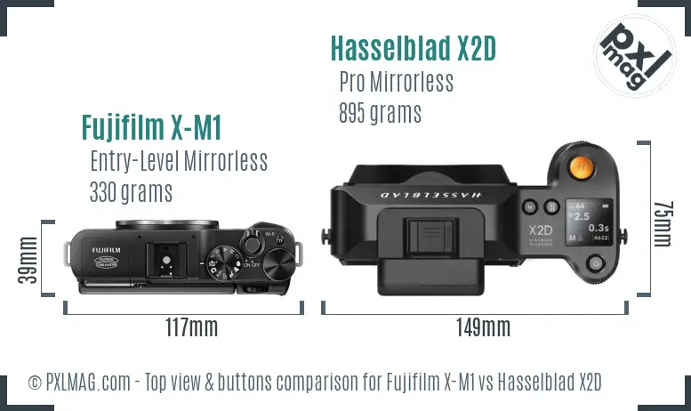 Fujifilm X-M1 vs Hasselblad X2D top view buttons comparison