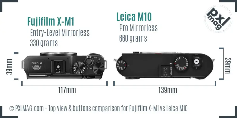 Fujifilm X-M1 vs Leica M10 top view buttons comparison