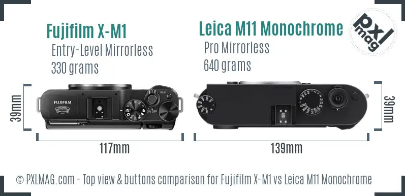 Fujifilm X-M1 vs Leica M11 Monochrome top view buttons comparison