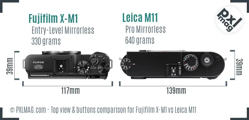 Fujifilm X-M1 vs Leica M11 top view buttons comparison