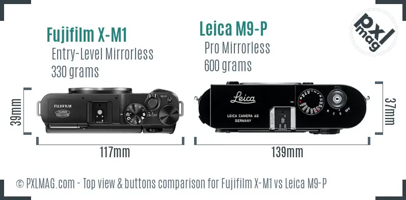 Fujifilm X-M1 vs Leica M9-P top view buttons comparison