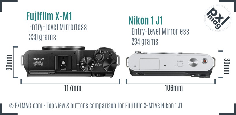 Fujifilm X-M1 vs Nikon 1 J1 top view buttons comparison